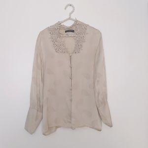 Paisley detail satin blouse. Size 8. Cream color. Made in Germany, Louis Feraud